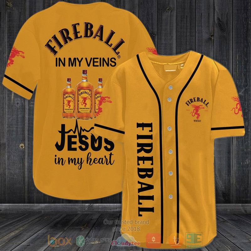 Fireball Cinnamon Whisky in my veins Jesus in my heart medium amber Baseball shirt