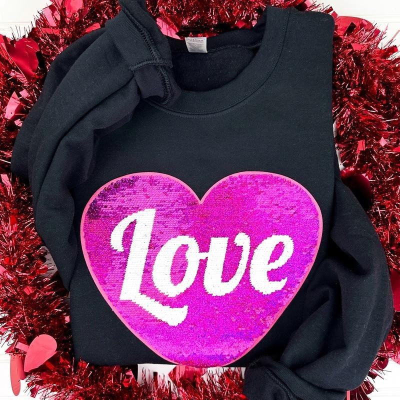 Flip Sequin Heart Patch Sweatshirt -- BLACK T-Shirts, Hoodie | InkThreadWorks.com