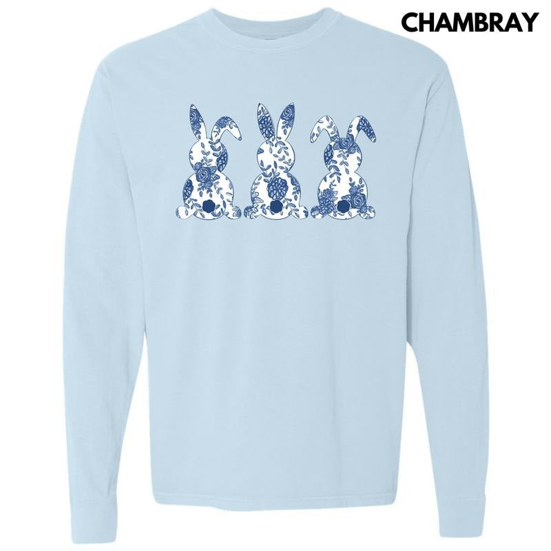 Floral Blue Bunny Trio Long Sleeve Comfort Colors T-Shirt 'NLB' Hoodie, Sweatshirt | InkThreadWorks.com