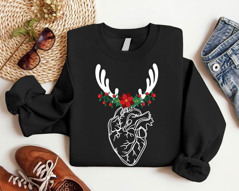 Floral Heart Anatomy Sweatshirt, Nurse Christmas Hoodie, Reindeer Human Heart Sweater, CVICU Cardiac Nurse Xmas Gift,...