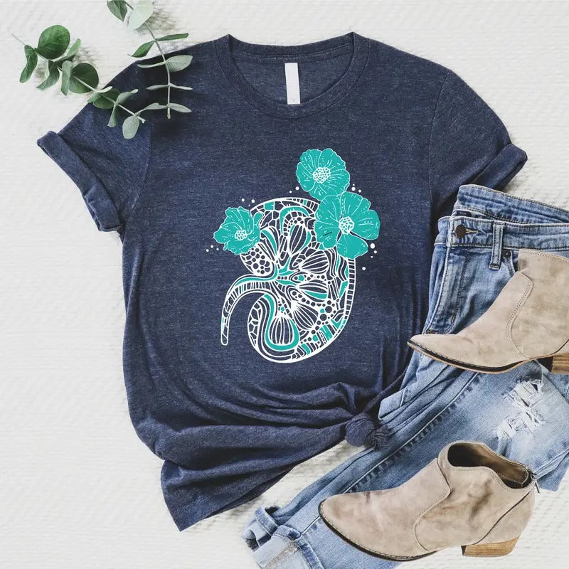 Floral Kidney Anatomy Shirt, Kidney Awareness T-shirt, Kidney Disease Support Tee, Dialysis Nurse Gift Tee, Kidney...