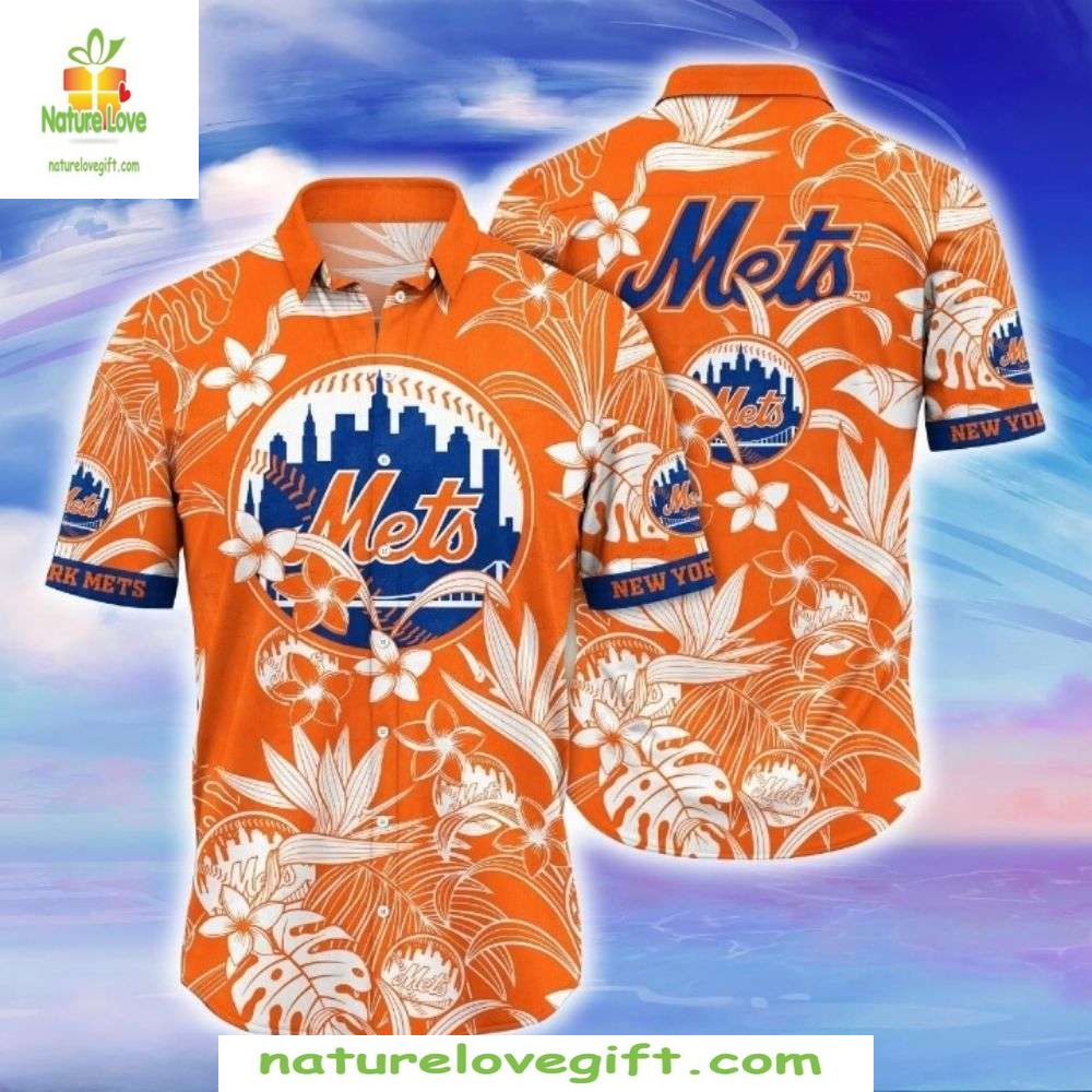NY Mets Hawaiian Shirt Floral Skyline Orange Aloha Baseball Apparel