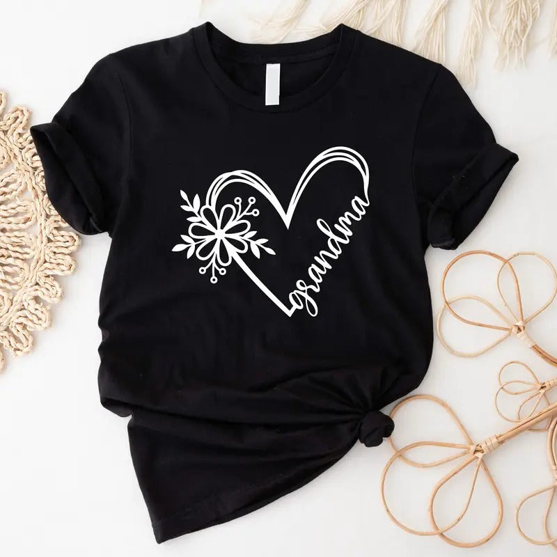 Flower Heart Grandma Shirt, Grandmother Birthday Gift T-shirt, Grammy Valentine Tee, New Grandma Short Sleeve, Nana...