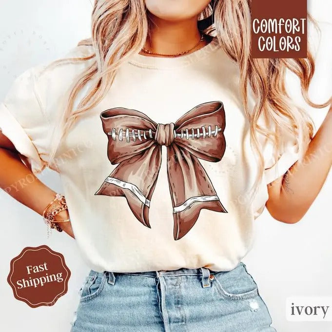 Football Bow Shirt Comfort Colors, Womens Football Tee, Womenswear Oversized Crewneck Hoodie, Sweatshirt | InkThreadWorks.com