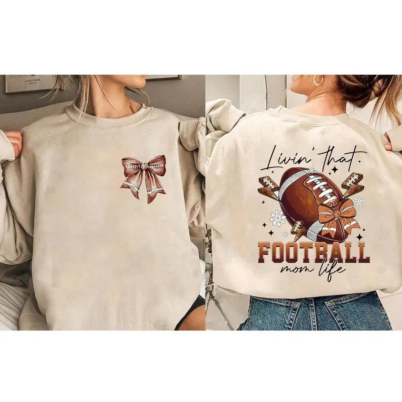 Football Bow Sweatshirt, Livin That Football Mom Life Sweatshirt , Christmas sublimation, Trending, Retro Holidays,Girly...