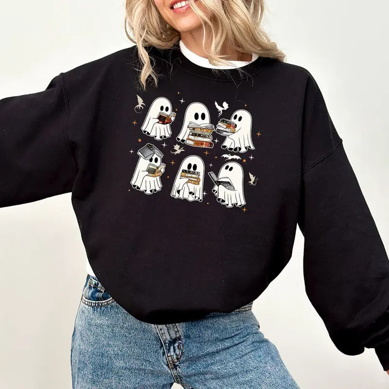 Fourth Wing Ghost Sweatshirt, Bookish Ghost Shirt, Ghost Book Reader Shirt, Spooky Booktok T-Shirt, Boo Sweatshirt,...