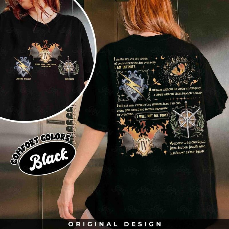 Fourth Wing Iron Squad Two Sided Shirt, Onyx Storm Brave The Dark, Fourth Wing Badges Bookish Tee, Dragon Riders Fan Gift...