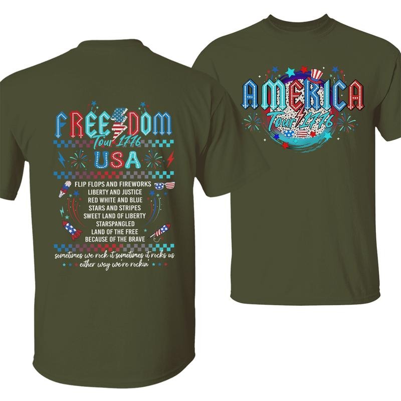 Freedom Tour 1776 T-Shirt, Patriotic American Independence Day Tee, USA Flag & Fireworks Graphic, Historical Tribute Apparel, Unisex Cotton Shirt for Men and Women