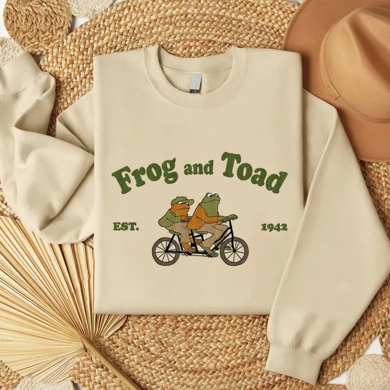 Frog And Toad Embroidered Shirt, Vintage Classic Book By Bike Cover Embroidered T-Shirt, The Lovers Frog And Toad Embroidered Tee, 90s Classic Book Embroidered Shirt