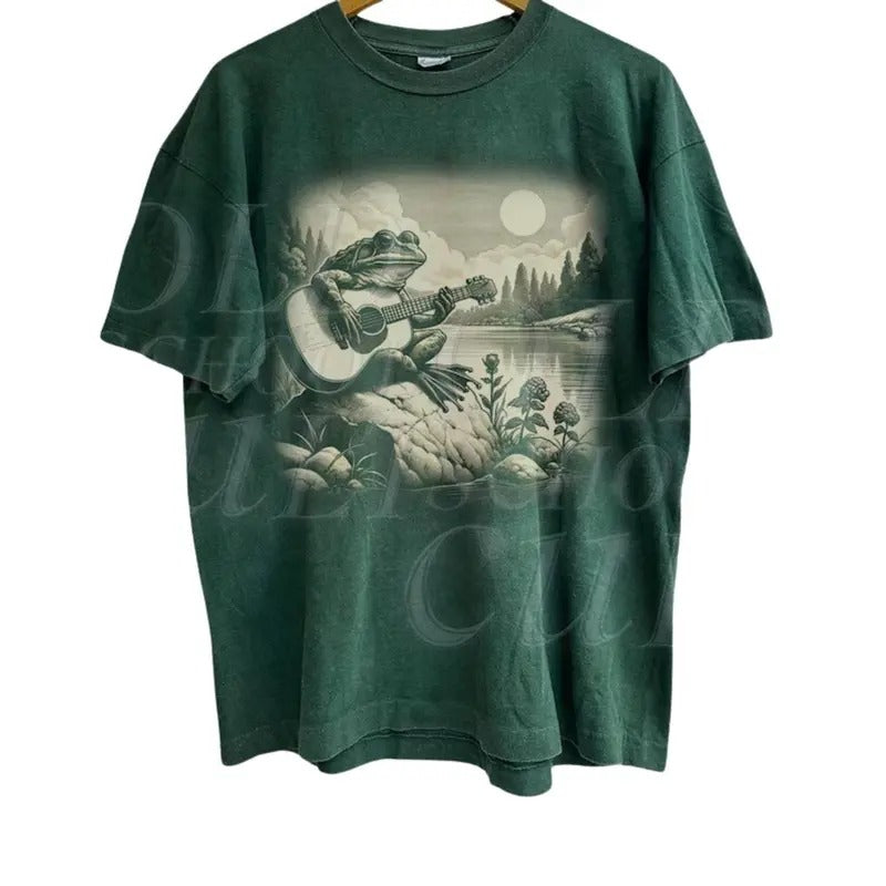 Frog Playing Guitar Vintage 90s Graphic Shirt, Frog Toad Guitar Lovers Tee, Wild Free, Frog Musician Washed Tee, Music Lovers Gift