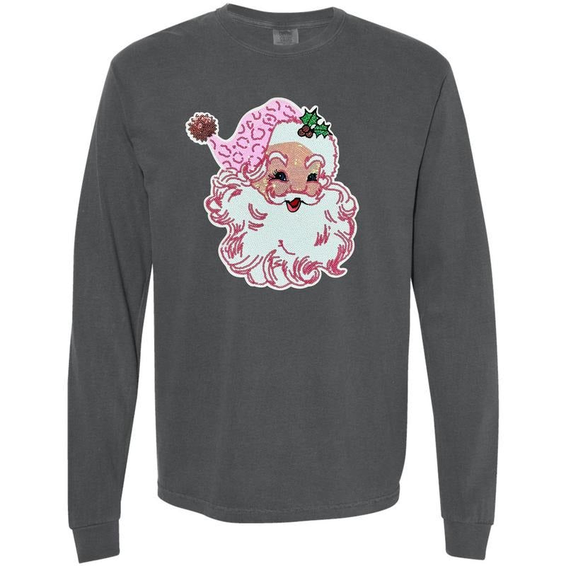 Full Sequin Blushing Santa Patch Long Sleeve Comfort Colors T-Shirt Hoodie, Sweatshirt | InkThreadWorks.com
