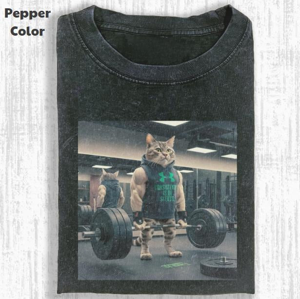 Funny Animal Vintage Graphic Tee, Gym Cat T-Shirt, Animal Shirt, Unisex Meme Cringe Funny Shirt, Menswear Womenswear Streetwear Cotton Comfort