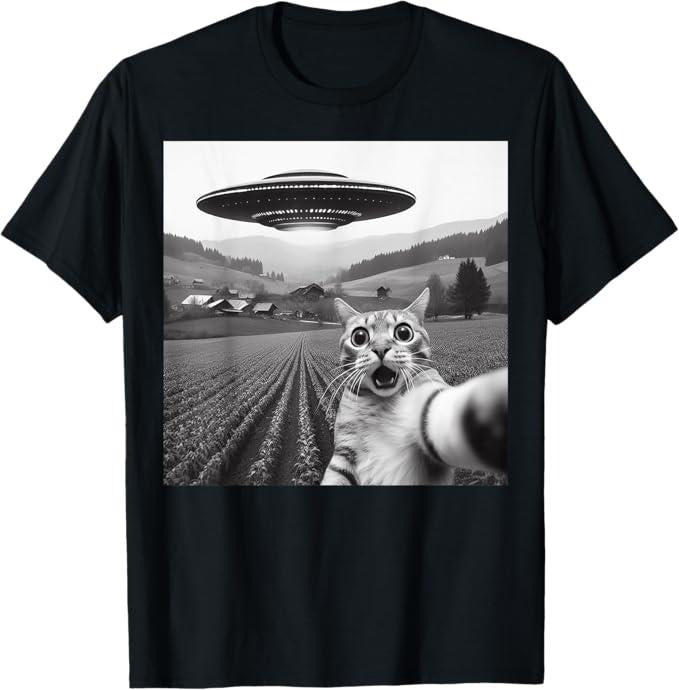 Funny Cat Shirts, Cat Selfie With Alien UFO Funny Cat Gifts For Men Women T-Shirt - Menswear Top