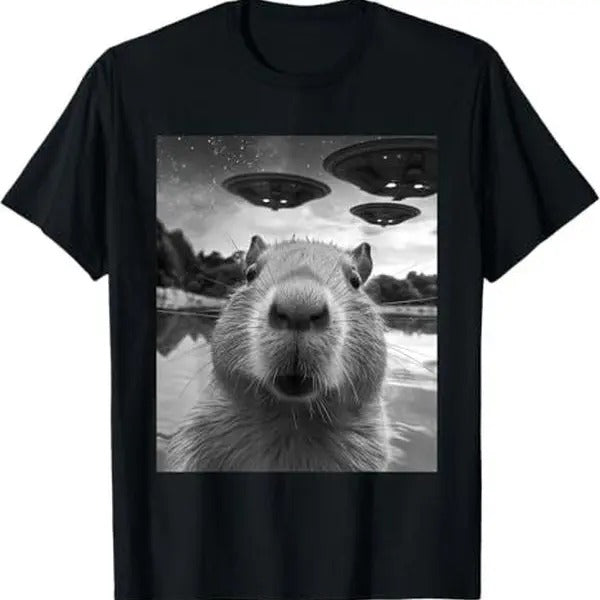 Funny Graphic Capybara Selfie with UFOs Weird T-Shirt