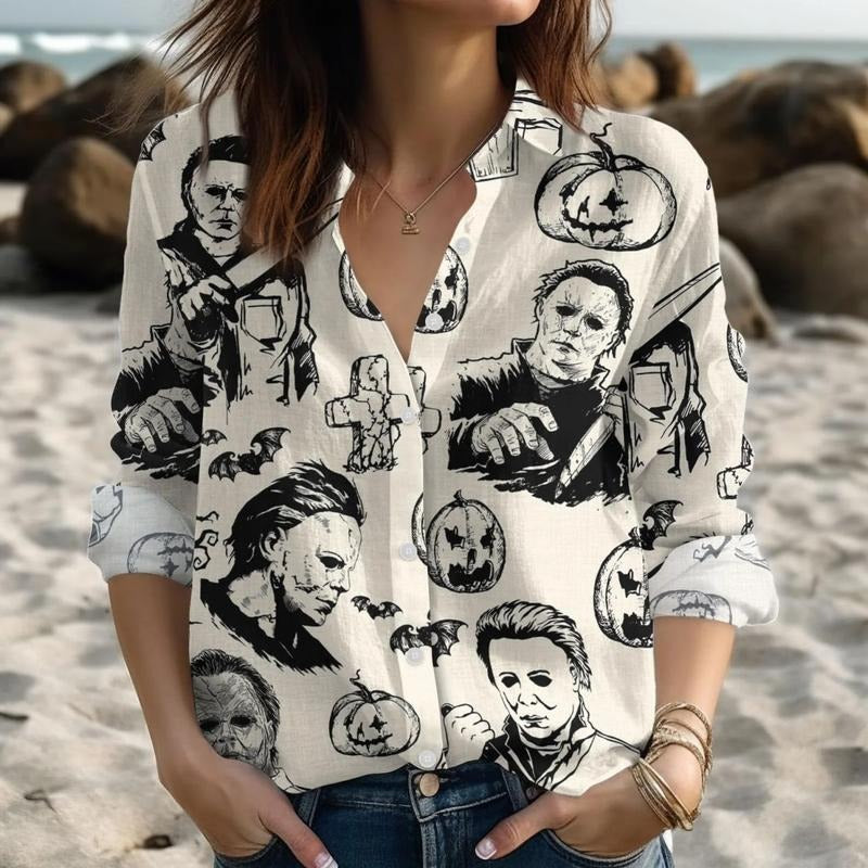 Funny Halloween 3D Beach Hawaiian 2025 Summerween Shirt, Horror Characters shirt, Spooky Season Hawaiian Shirt