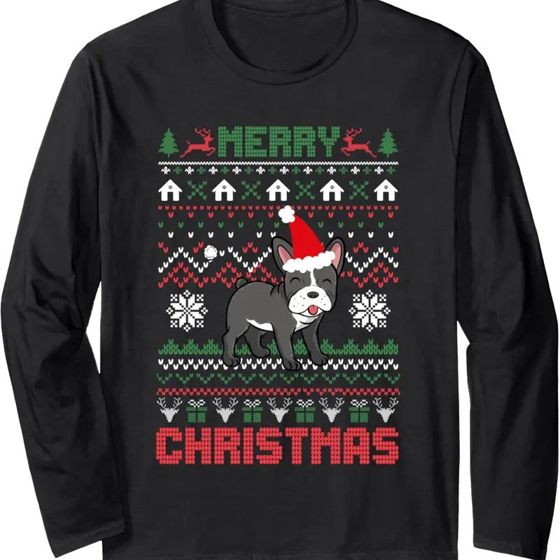 Funny Merry Ugly Christmas Sweater French Bulldog Santa Hat Long Sleeve T-Shirt