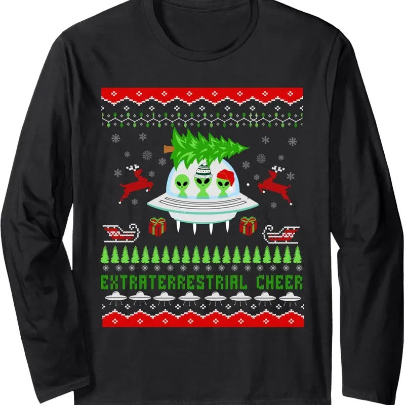 Funny Ugly Christmas Alien UFO Santa Reindeer Tree Gift Kids Long Sleeve T-Shirt Hoodie, Sweatshirt | InkThreadWorks.com