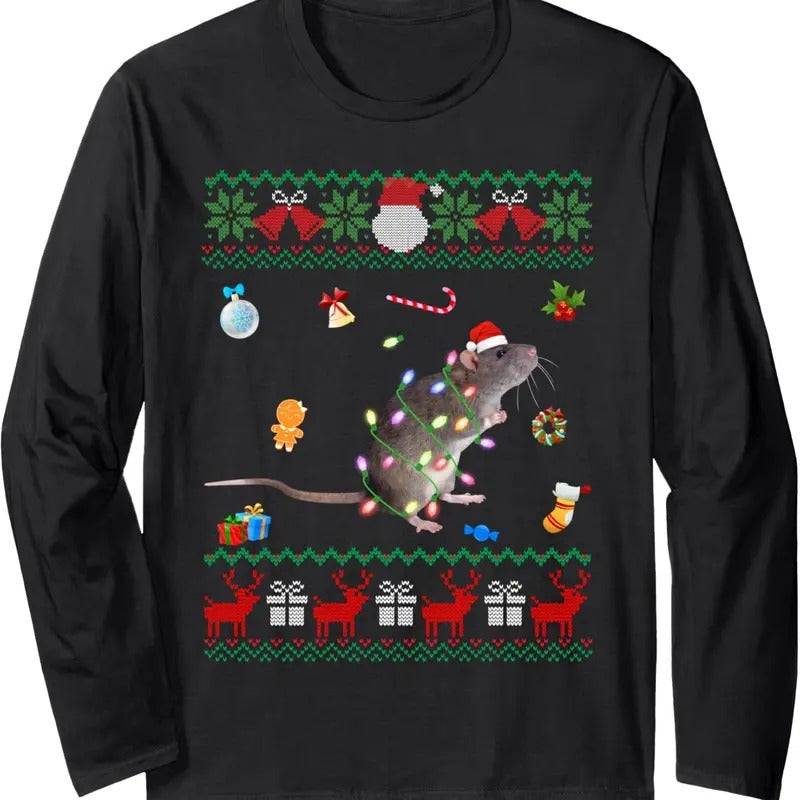 Funny Ugly Xmas Sweater Animals Lights Christmas Rat Long Sleeve T-Shirt