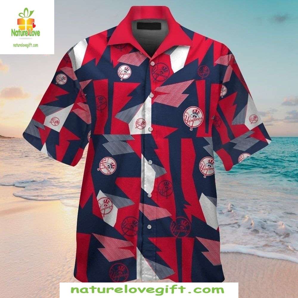 NY Yankees Hawaiian Shirt Geometric Shapes Scattered Logos MLB Baseball Apparel