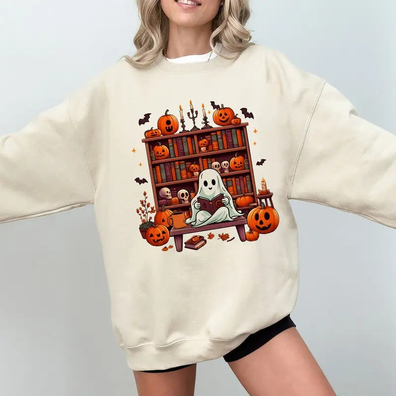 Ghost Book Reader Sweatshirt, Ghost Halloween Shirt, Reading Book Lover Halloween Gift, Pumpkin Fall Autumn Halloween...