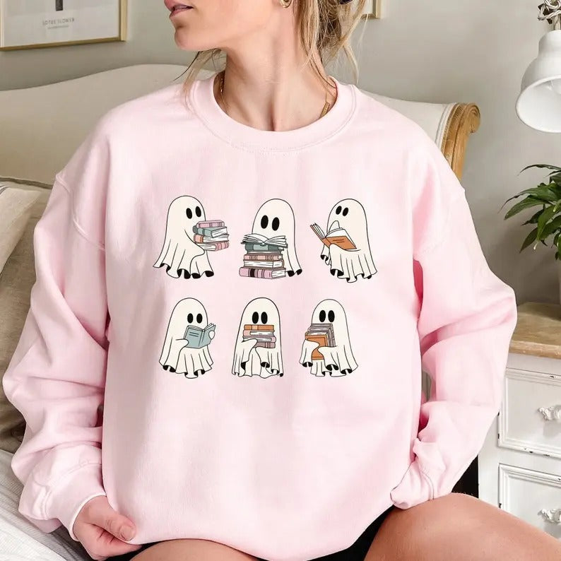 Ghost Reading Books Sweater, Bookish Halloween Sweatshirt, Halloween Teacher Gift, Librarian Halloween Hoodie, Ghost...