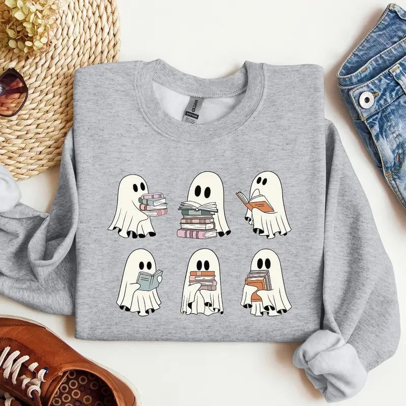 Ghost Reading Books Sweatshirt, Bookish Halloween Crewneck, Gift for Librarian Sweater, Funny Ghost Reading Shirt,...