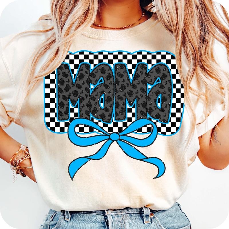 Glitter Blue Mama Coquette Bow T-Shirt, Mama Checkered T-Shirt, Boy Mama T-Shirt, Mama Varsity T-Shirt, Pink Mama...