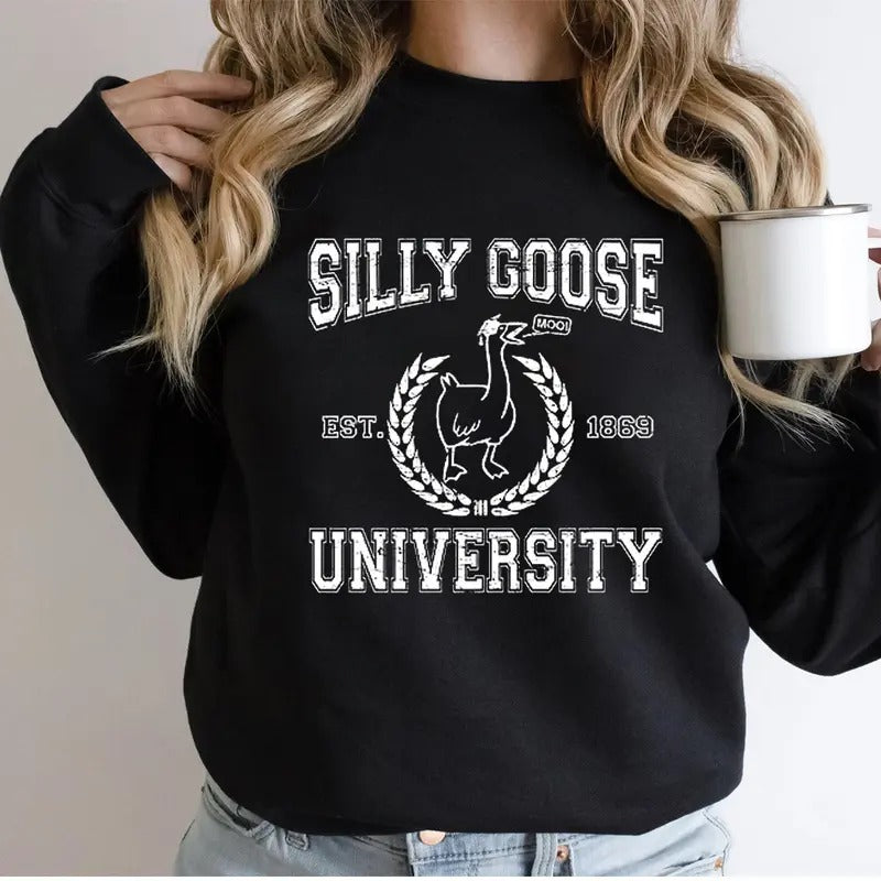 Go All Out Silly Goose University Funny Novelty Gift Funny Sweatshirt Casual Street Style Fleece Crewneck Pullover Sweatshirt For Women For Men, Perfect Gift