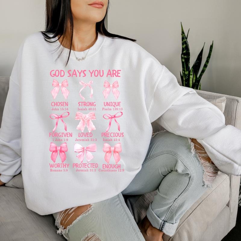 God Says You Are Coquette Sweater, Pink Bow Tee, Soft Girl Era Shirt, Jesus, Bible Verse, Religious Shirt, Cotton Round...