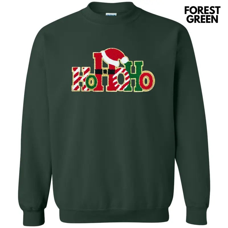 Gold Glitter HOHOHO Chenille Patch Sweatshirt T-Shirts, Hoodie | InkThreadWorks.com