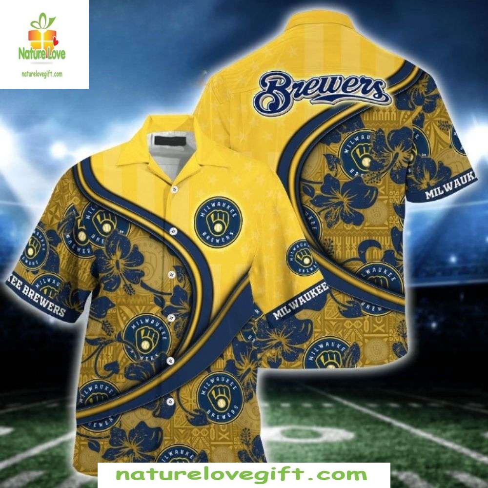 Milwaukee Brewers Hawaiian Shirt Golden Swirls And Brews MLB Baseball Apparel