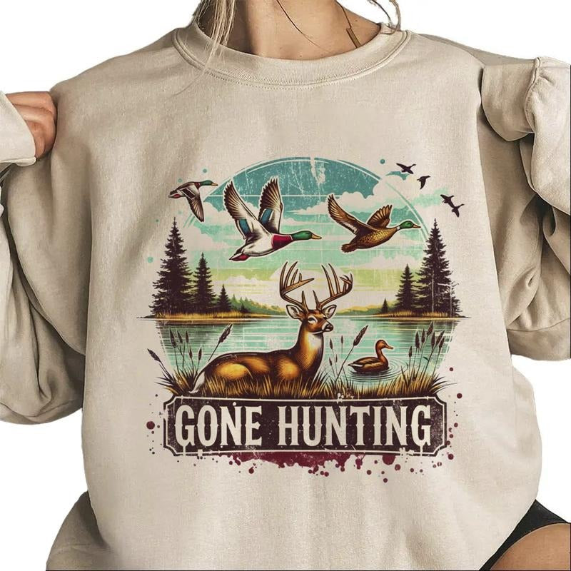 Gone Hunting Deer Sweatshirt Mallard Duck Retro T-Shirt Hunting Season National Day Unisex Hoodie | InkThreadWorks.com