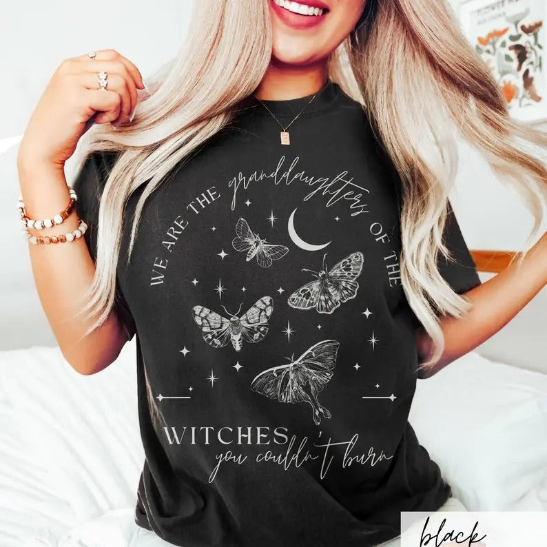 Granddaughters of Witches You Couldn't Burn Shirt, Celestial Whimsigoth Moth Lover Progressive Witch Luna Moth Lover Gift Casual Cotton Casual Cotton Classic Collar