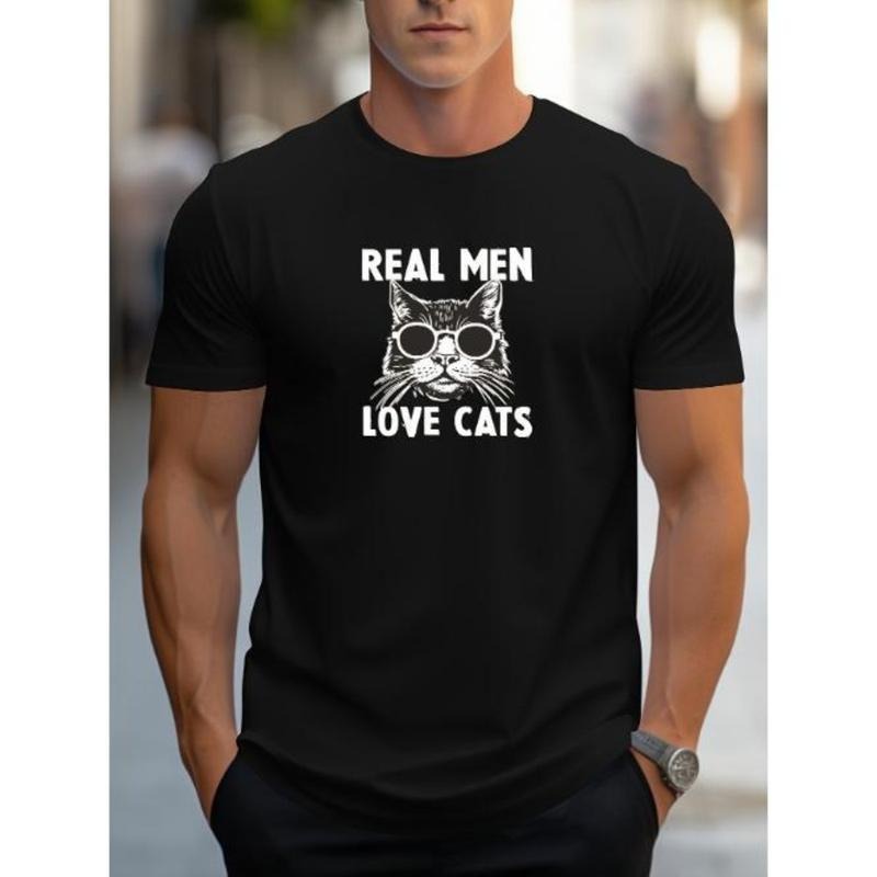 Graphic Print Men's Creative Top, REAL MEN LOVE CATS Casual Short Sleeve Crew Neck T-shirt for Summer Outdoor Made in USA