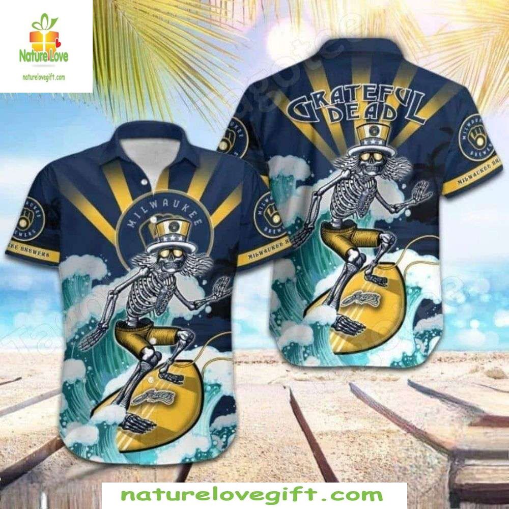 MLB Hawaiian Shirt Grateful Brew Skeleton Surfer Milwaukee Baseball Apparel