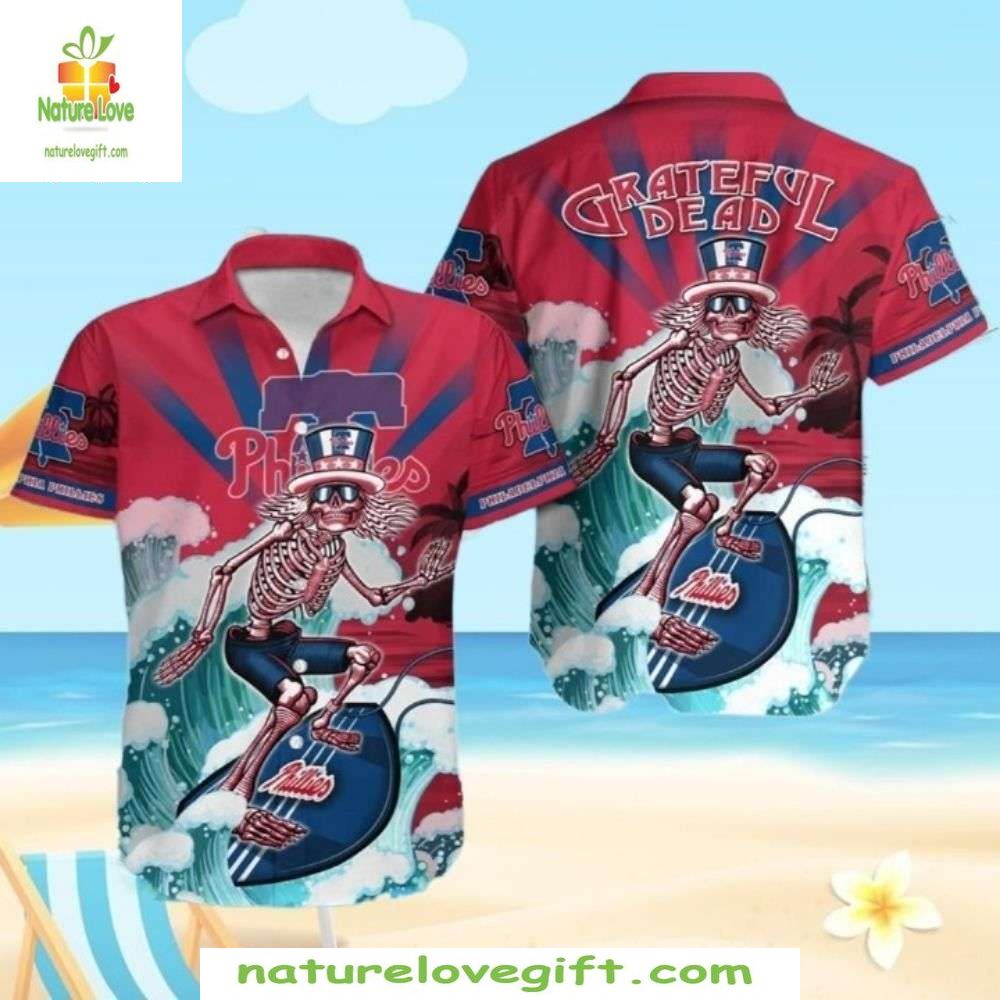 Philadelphia Phillies Hawaiian Shirt Red Skeleton Surf Baseball Apparel