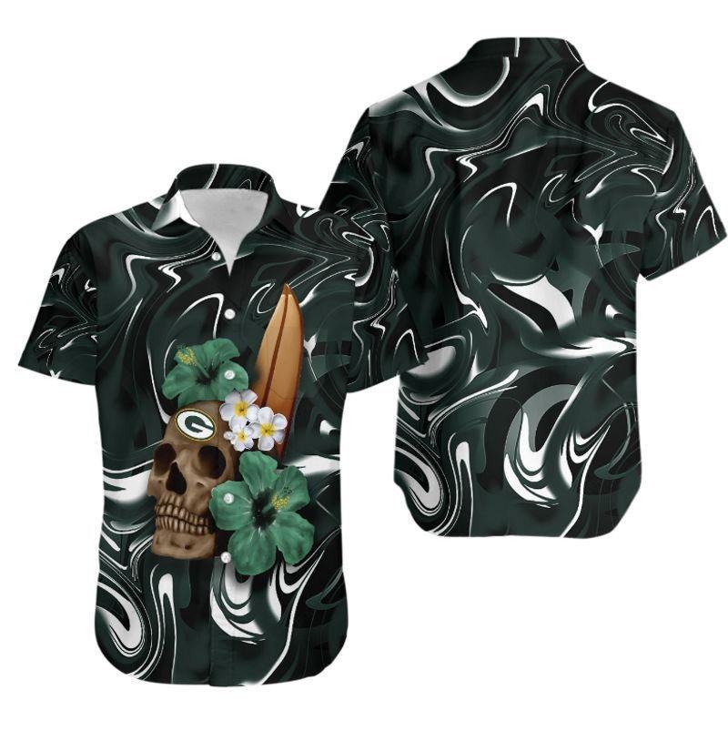 Green Bay Packers Hawaiian Shirt Surf Skull Hibiscus Design 409966