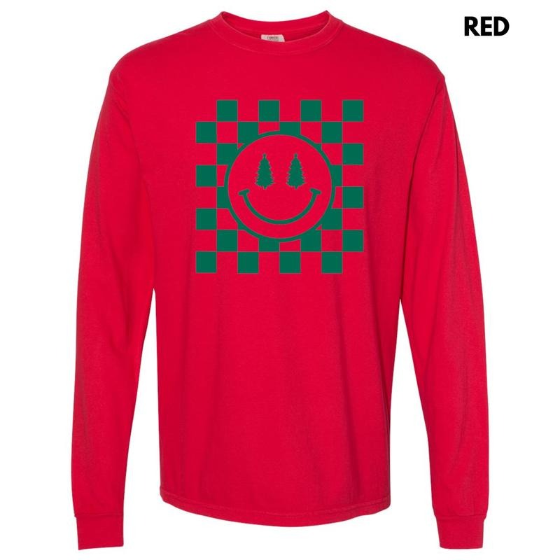 Green Checkered Christmas Tree Happy Face Long Sleeve Comfort Colors T-Shirt Hoodie, Sweatshirt | InkThreadWorks.com