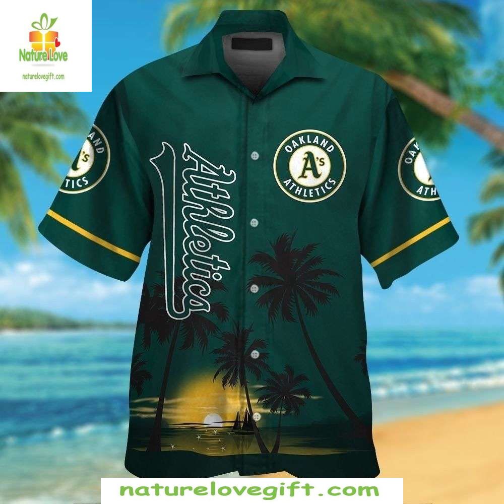 Oakland Athletics Hawaiian Shirt Green Sunset Palm Baseball Apparel