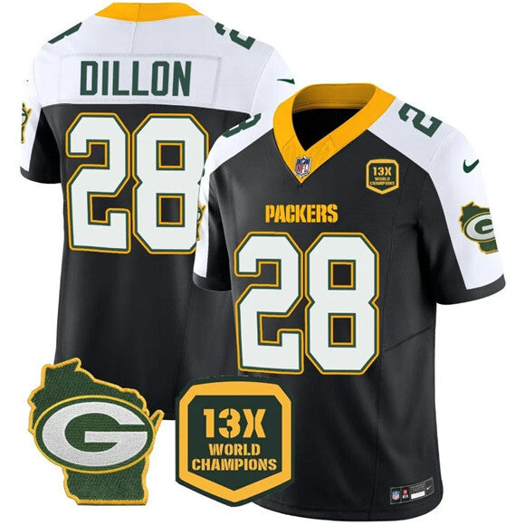 Green Bay Packers #28 AJ Dillon Black White 2023 F.U.S.E. Home Patch 13 Time World