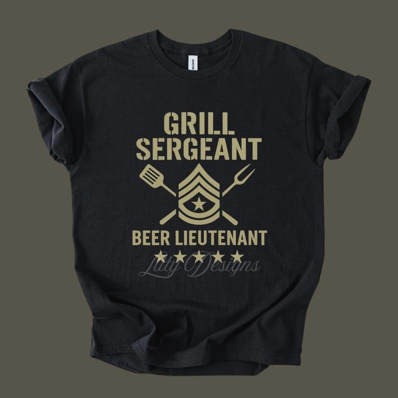 Grill and Beer Graphic Tee, Funny Shirts Men, Father's Day Gifts Ideas for Men, Military Crew Neck Graphic T-Shirt, Funny Father Gifts Fatherhood