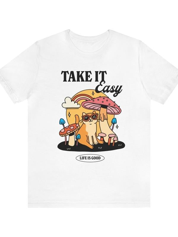 Groovy Cat Graphic Tee, Take it easy Beach T Shirt, Trendy Preppy Unisex T Shirts, Positive Quote T-Shirts, Shirts, Funky 90s Graphic Tee, Stylish Top