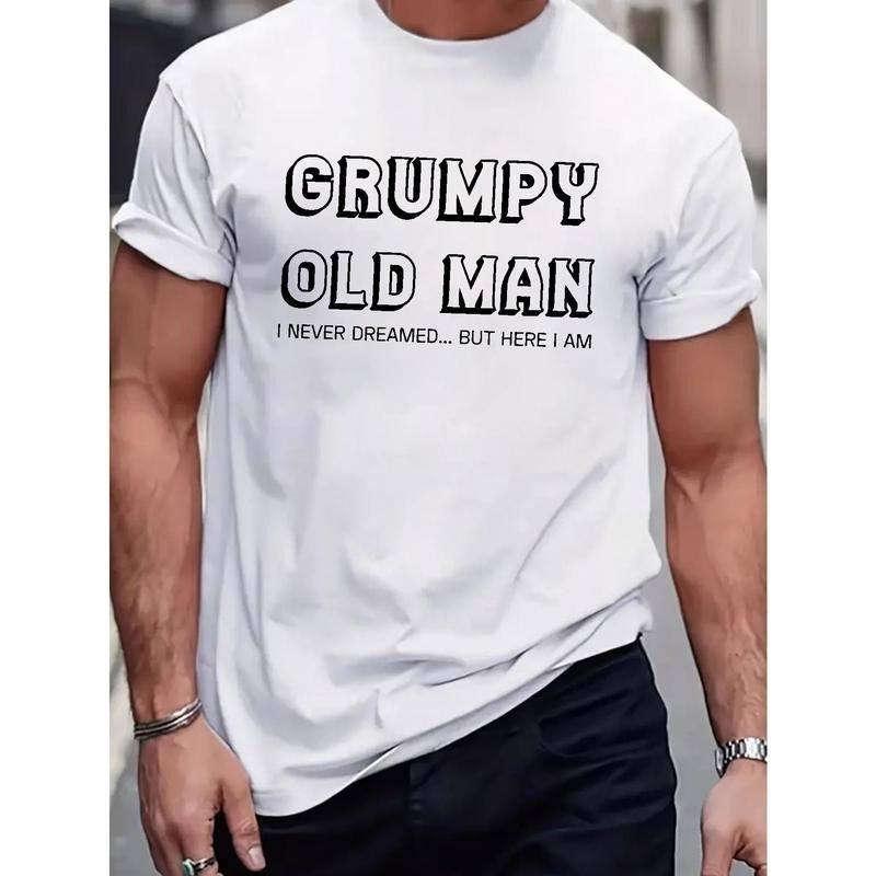 Grumpy Old Man Print, Men's Trendy Comfy T-shirt, Casual Stretchy Breathable Short Sleeve Tee For Summer Made in USA...