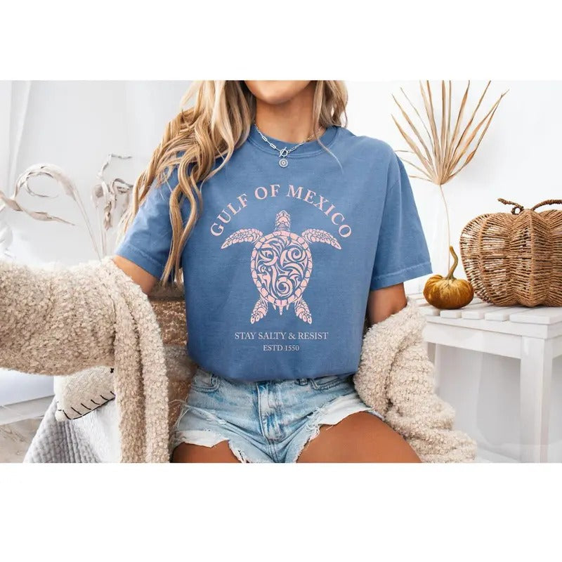 Gulf of Mexico T-Shirt, Turtle Shirts, Stay Salty & Resist Tee, Gift for Mom, Birthday Gift Comfort Hoodie, Sweatshirt