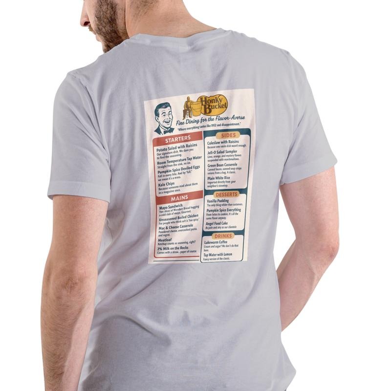 HONK BUCKET Menu T Shirt Unisex Cotton Graphic Tee with Detailed Menu Design on Back