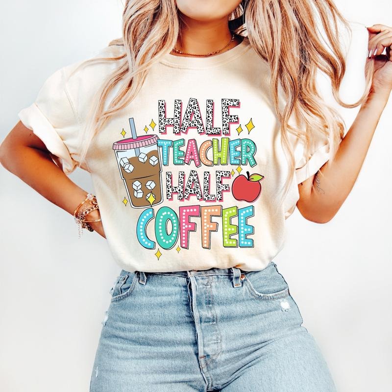 Half Teacher Half Coffee T-Shirt,Funny Teacher T-Shirt,Dalmatian Doodle Dots,Retro Teacher,Back to School T-Shirt,Teacher Appreciation, Gift for Teacher