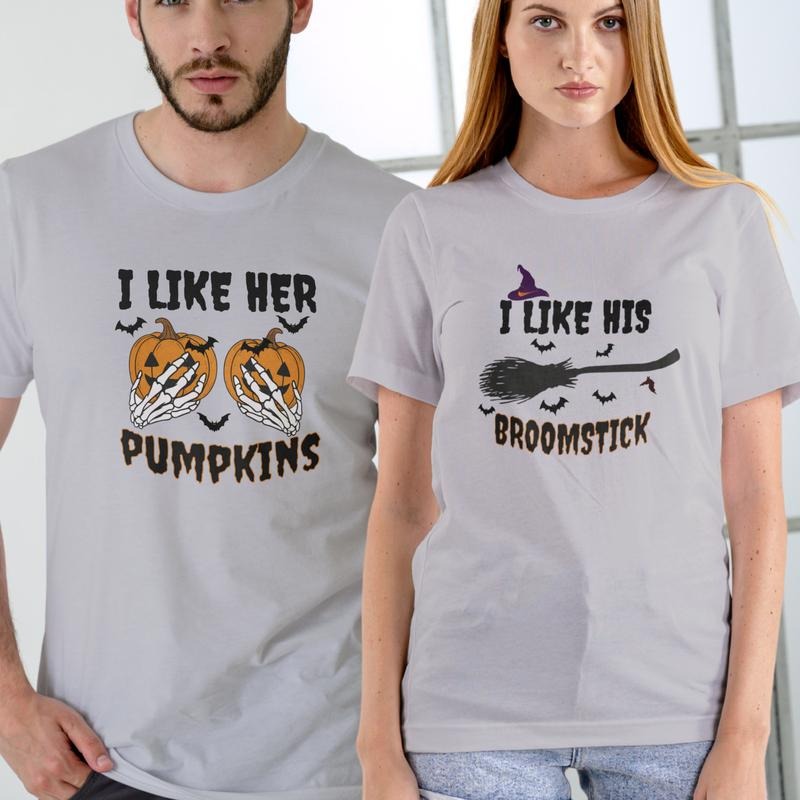 Halloween Couples Shirts I Like Her Pumpkins & I Like His Broomstick Funny Unisex Cotton for Spooky Fun