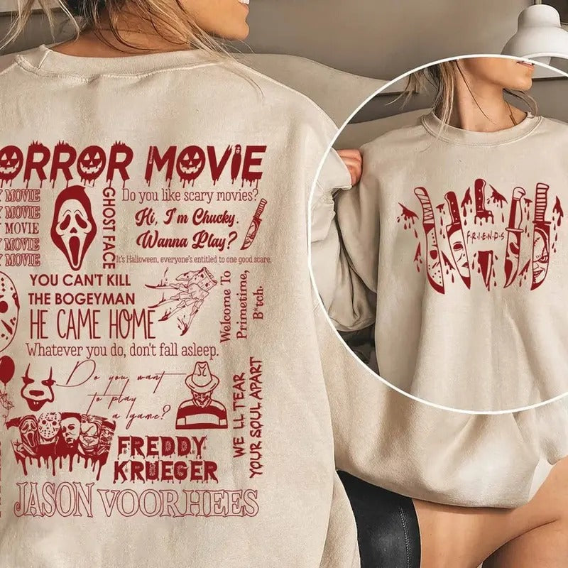 Halloween Friends 2 Sides Sweatshirt, Horror Movie Killers Halloween, Horror Film Friends, Halloween Sweatshirt