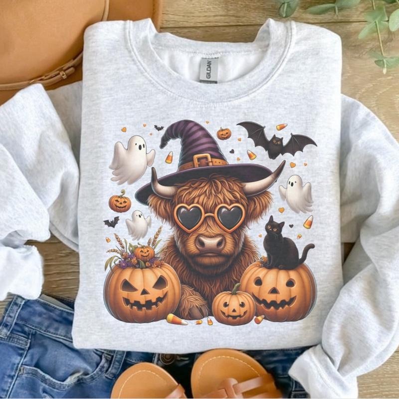 Halloween Highland Cow Sweatshirt - Ash Grey - Halloween Sweatshirt T-Shirts, Hoodie | InkThreadWorks.com