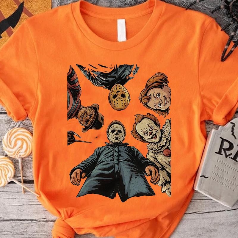 Halloween Horror Movie Characters T-Shirt - Spooky Halloween Gift, Unisex Black Tee for Halloween Celebrations,